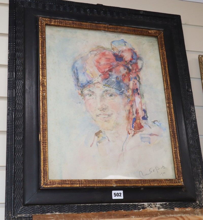 Robert K. Schaltz, watercolour, Portrait of a young woman wearing a turban, signed and dated 1928, 47 x 36cm